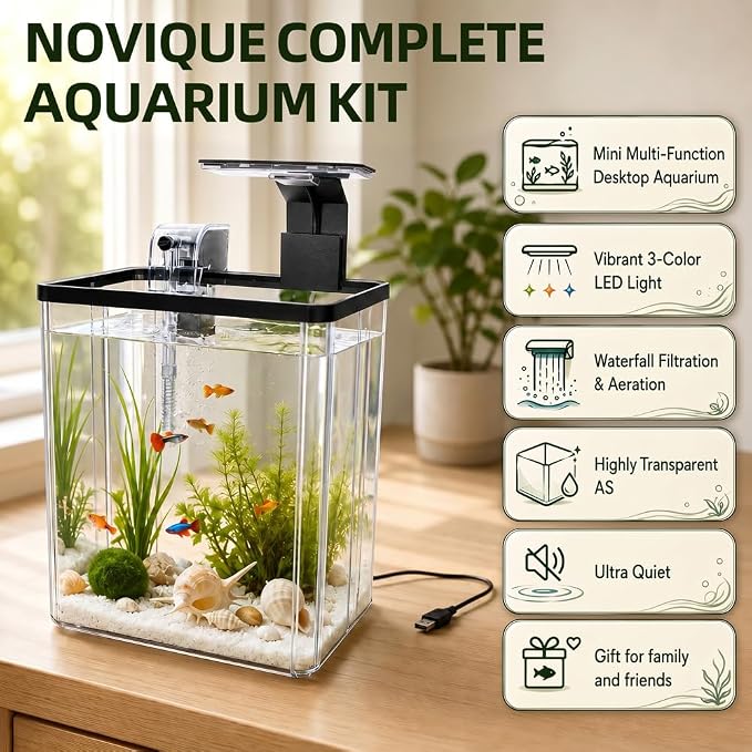 1.5 Gallon Aquarium Small Fish Tank Starter Kit with Filtration & LED Light & Fishing Net for Betta Shrimp Guppy Goldfish Aquatic Plants