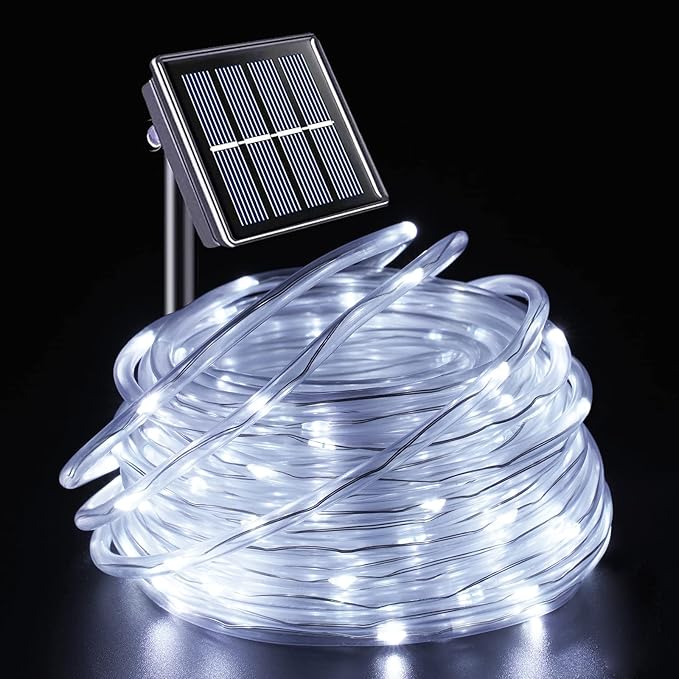 YEGUO Solar Rope Light Outdoor Waterproof, 66ft 200 LED White String Lights, 8 Modes Tube Christmas Lights in Clear Thin Tube