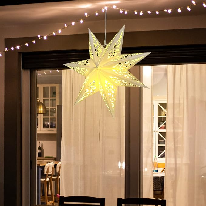 Kingdder Star Paper Lanterns Lampshade with LED Light 7 Pointed Moroccan Hollow out Stars Party Decoration for Weddings Christmas Tree Birthday, 20 Inches(Warm Yellow)