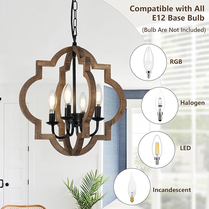Farmhouse Chandelier Light Fixtures, 4-Light Dining Room Light Fixtures Over Table, Solid Wood Chandeliers for Dining Room, 15.7“ Brown Rustic Chandeliers for Living Room Kitchen Island Bedroom Foyer