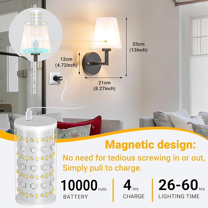 Vimhou Peel and Stick Wall Sconces, Stick On Wall Sconce Set of 2, Battery Operated Wireless Wall Light, No Drill Adhesive Wall Lamp, Corn Bulb with 10000mAh Rechargeable Battery, Bedroom Wall Decor
