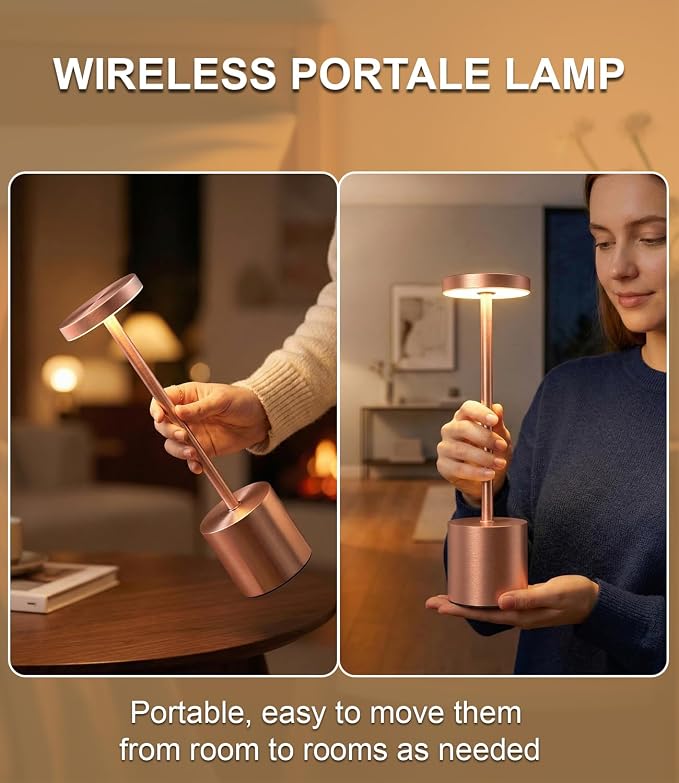 Cordless Table Lamps Rechargeable Set of 2, Portable LED Desk Lamp, 5000mAh Battery Powered Wireless Table Light - 3 Color Dimmable Lighting for Restaurant Dining Patio Outdoor Bedroom(Rose Gold)