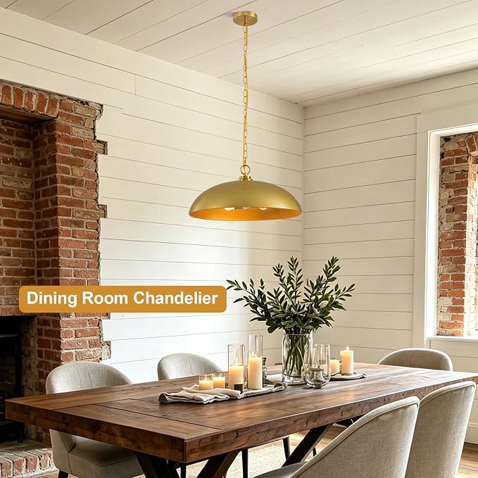 20in Gold Dome Pendant Light 3-Light Kitchen Island Dining Room | Industrial Brass Large Oversized Pendant Lights Chandelier Ceiling Hanging Lighting for Kitchen Island Dining Room Over Table