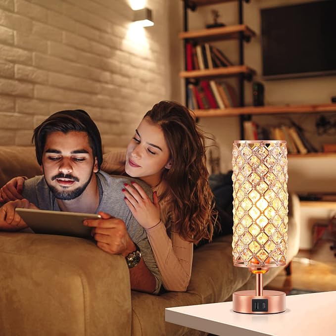 Pink Crystal Table Lamp, 3 Way Dimmable Touch Lamps for Night Stands | Rose Gold, Touch Control, USB C+A Charging Port, Desk Lamps for girls Bedroom, Living Room, Home Office, Room Decor