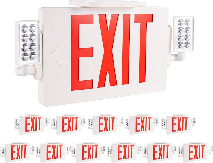 Gruenlich Exit Sign with Emergency Light, Double Face, Battery Backup | Hardwired LED Combo Exit Light for Bussiness, Two Bright and Adjustable Heads, Red, UL 924 and CEC, 120-277 Voltage, 12 Pack