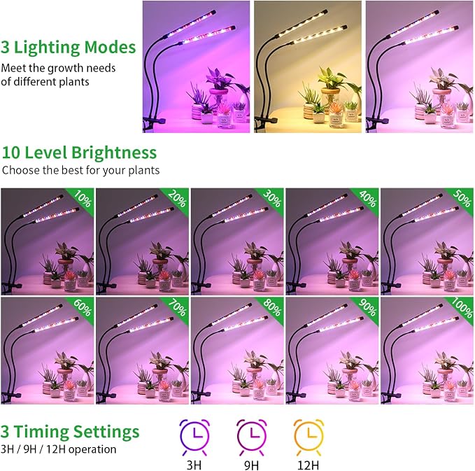 RWNTAO LED Plant Grow Light with Flexible Gooseneck, Suitable for Indoor Plants, Full Spectrum Clip on Plant Growing Light with Red, Blue, Yellow Beads, 10 Brightness Levels, 3/9/12H Auto Timer