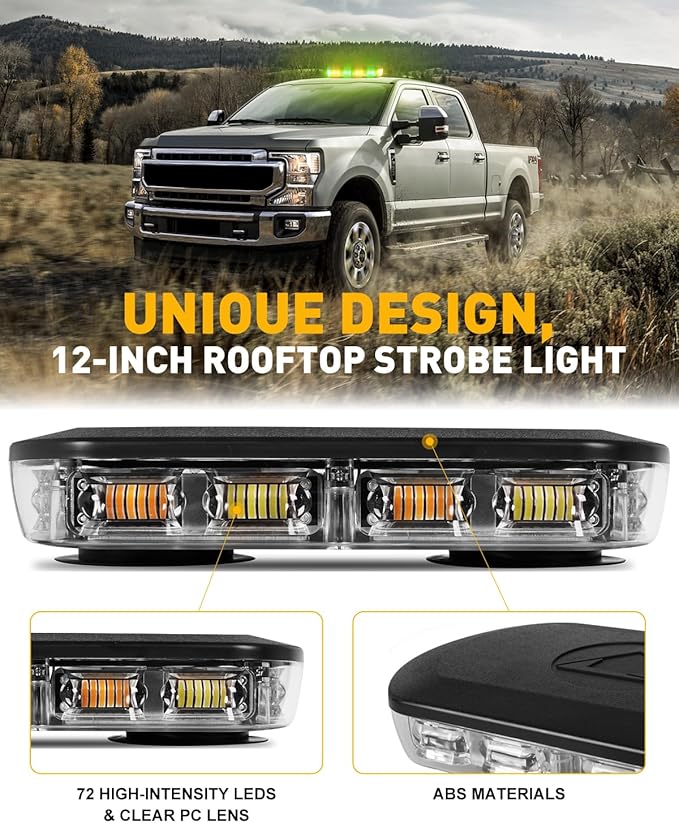 HLauto 700A Rooftop Emergency Strobe Lights Bar, 72 LED Amber Green Mini Beacon Safety Flashing Warning Traffic Lights Bar w/Magnetic Base for 12-24V Trucks, Construction Vehicles, Snowplow, Cars