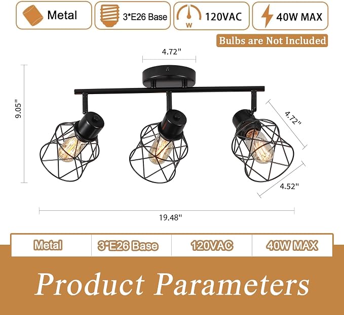 3 Lights Adjustable Multi-Directional Black Light Fixtures, Semi Flush Mount Ceiling Light, Kitchen Light Fixtures, Track Lighting Fixtures Metal Cage Industrial Spotlight Fixtures for Dining Room