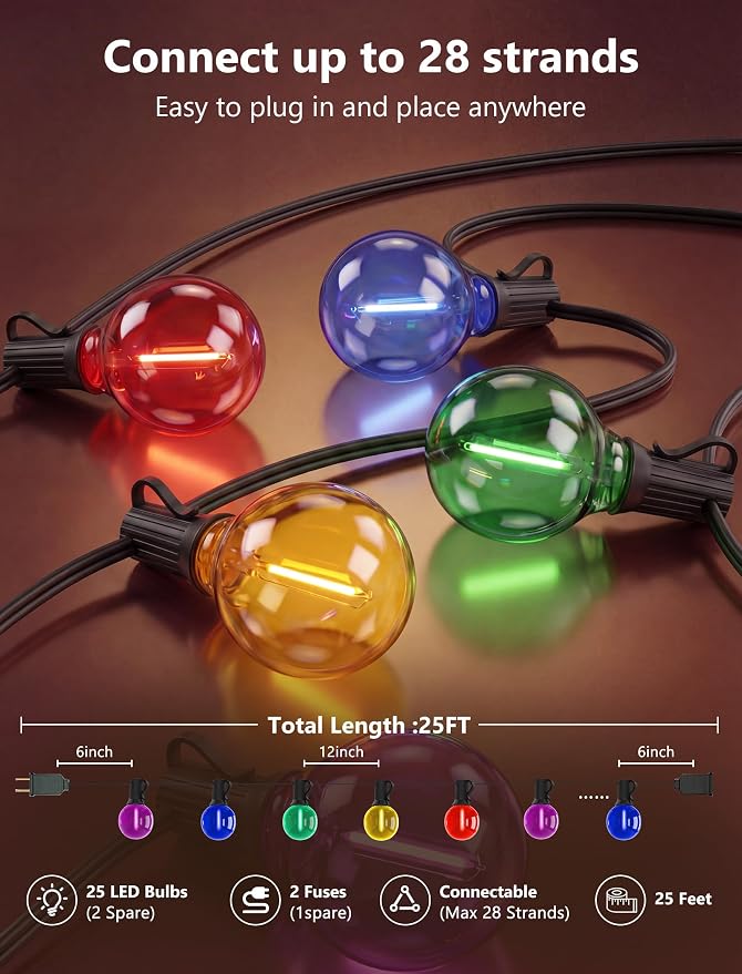 25FT G40 LED Multicolor Christmas String Lights Outdoor, 25 Globe Bulbs | Hanging Patio Lights Waterproof, Connectable Christmas Decorations Lights for Backyard Porch Garden Bistro Party, Black Wire