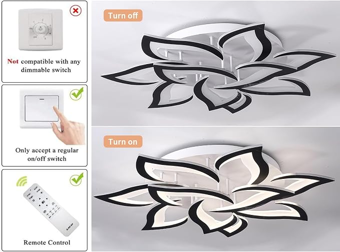 Garwarm 33.4" Modern LED Low Profile Flush Mount Ceiling Light, Dimmable | Black Flower Petal Ceiling Light with Remote, Acrylic, 3000K-6500K, Memory for Kitchen, Living Room, Bedroom, Dining Room