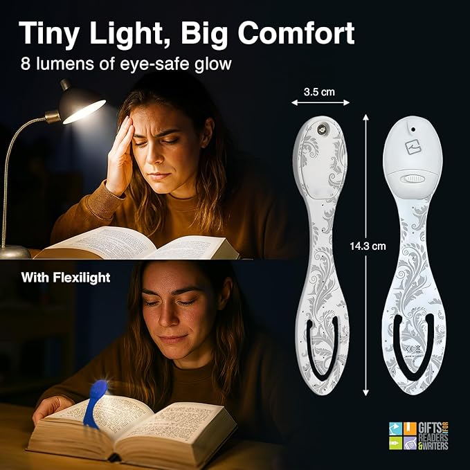 Gifts for Readers & Writers Book Light, Clip On Reading Light for Bed, 2in1 Flexilight & Bookmark, Small & Lightweight with a Soft Glow, 2 Batteries Included, White Flowers