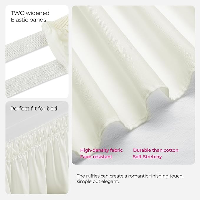 RIMELA Dorm Bed Skirt Twin XL 46 Inch Drop, Easy to Install Extra Long Wrap Around Elastic Dust Ruffle, Cream Bedskirt Solid Silky Fabric (Twin XL 80“L x 39”W & Twin 75“L x 39”W)