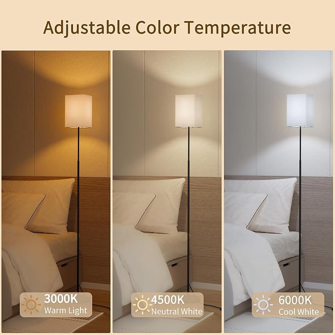 63.8" Square Floor Lamp with White Fabric Shade | Dimmable with Remote and Foot Switch, 3 Color Temperatures, 9W LED Bulb Included, Ideal for Living Room, Bedroom or Office