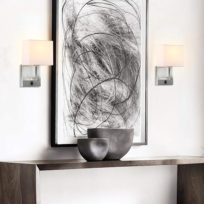 PERMO Single Fabric Wall Sconce Brushed Nickel Finished Sconces with White Textile Shades and On/Off Switch Button Modern Nightstand Lamps for Bedrooms Bedside Reading