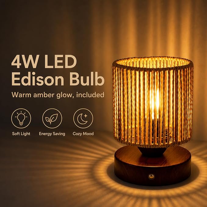 Cordless Rattan Table Lamp, 5000mAh Rechargeable Battery Operated Bedside Lamp with Edison Bulb, Stepless Dimmable Boho Cylinder Desk Light for Bedroom Living Room