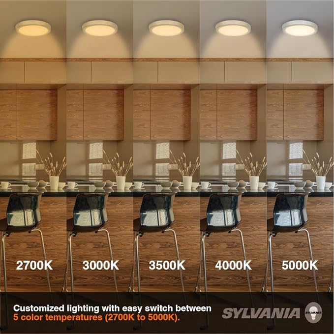 Sylvania 12" LED Flush Mount Ceiling Light Fixture, 24W, 5 Color Select (2700K - 5000K), 1600 LMS, Hardwired, Brushed Nickel, LED Lights for Bedroom Kitchen Hallway Porch - 1 Pack (66463)