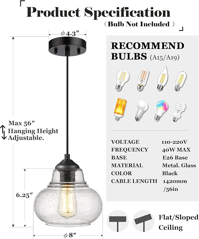 ELYONA 8 Inch Globe Pendant Light Bubble Glass Industrial Kitchen Island Hanging Pendant Light Fxiture Modern Hand Blown Seeded Glass for Farmhouse Dining Room Bar Bedroom Living Room Black