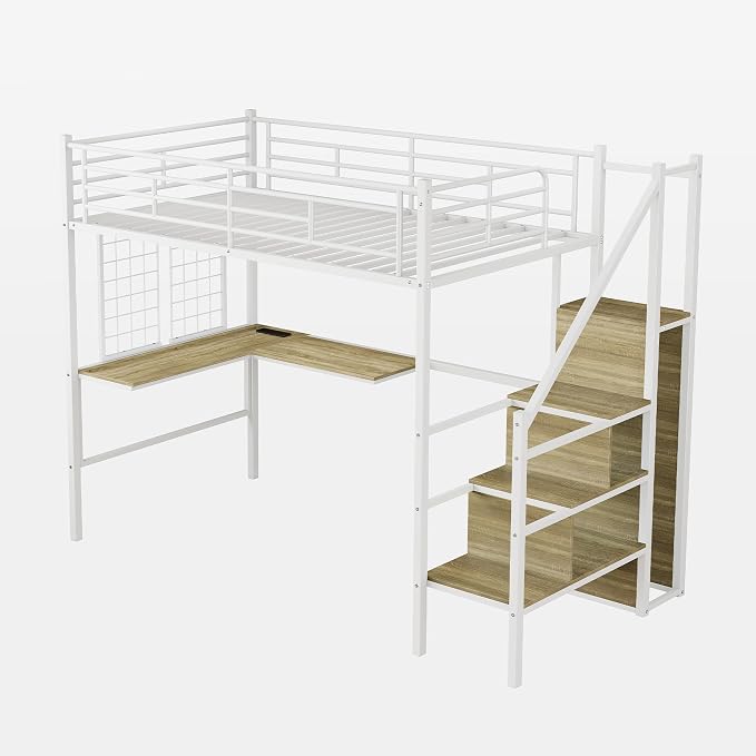 Twin Size Metal Loft Bed with Reversible Stairs & L-Shaped Desk,White | Storage Stairs,Wardrobe,L-Shaped Desk,USB Charging Station,Space-Saving for boys & Girls, Noise-Free, No Box Spring Needed
