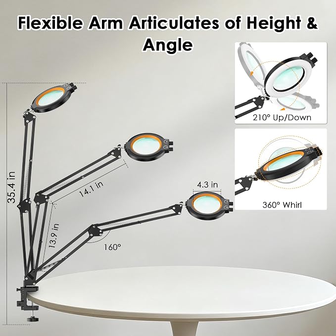 12X Magnifying Glass with Light and Stand Hands Free, Long Swing Arm Desk Magnifying Light with Clamp for Close Work, Dimmable Lighted Magnifier Lamp for Soldering Craft Jewelry Bench Sewing