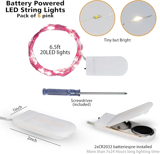 6 Pack Fairy Lights Battery Operated String Lights - 7ft 20 LED Waterproof Silver Wire Firefly Lights for DIY Wedding Décor Table Centerpieces Craft Mason Jars Party Decor(Pink)