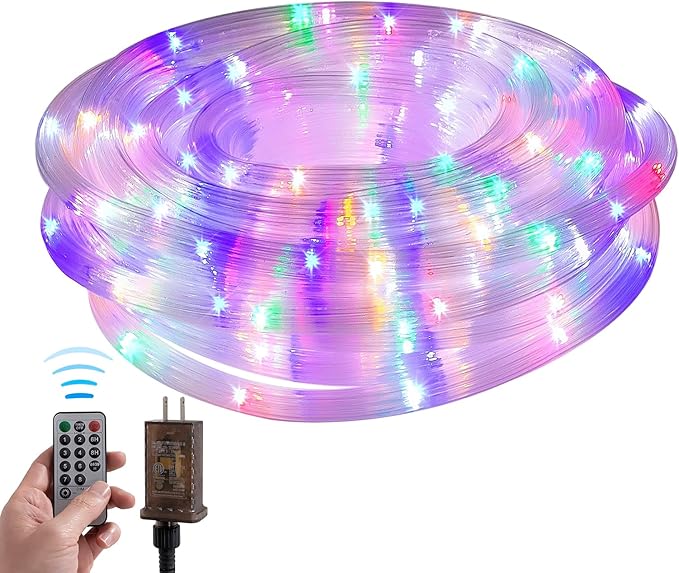Ripple Tube LED Rope Lights with Remote Control - 8 Modes, 360° Glow,Waterproof for Outdoor/Indoor,Garden,Wedding,Pool,Patio,Christmas Decor (Multicolor, 33ft)
