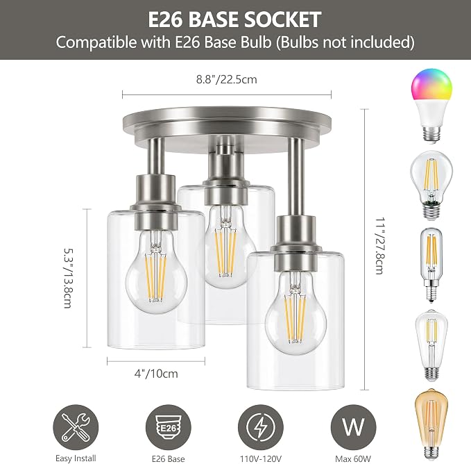 Semi Flush Mount Ceiling Light, 3 Light Close to Ceiling Light Fixtures, Brushed Nickel Finish Kitchen Light Fixtures with Clear Glass Shades, Modern Hallway Light Fixtures Ceiling Mount, 8.8"X11"