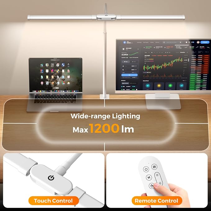 LED Desk Lamp with Clamp - Double Head Desk Light with Remote and Touch - Eye Protection - 12 W, 5 Color Modes, Timer and Memory Function, Flexible Gooseneck - for Office, Reading - White