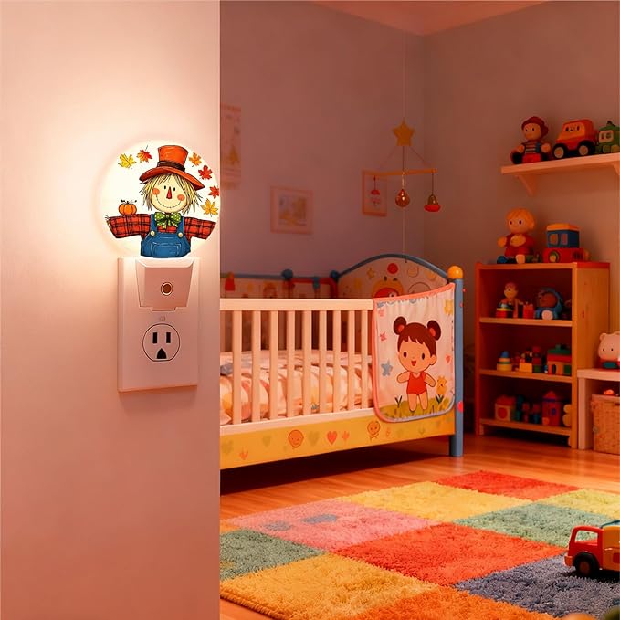Mugod Autumn Scarecrow Plug-in Nightlights Maple Leaf Fall Night Light Plug into Wall with Dusk-to-Dawn Sensor LED Lighting 0.5W Sleep-Friendly