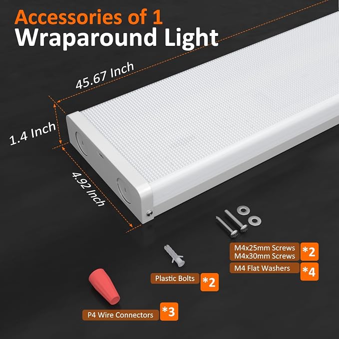 4FT LED Wraparound Light 4 Pack, ETL Listed 3 CCT & 3 Wattage Wrap Light Fixture, 75W/65W/55W 4000K/5000K/6000K Ceiling Light for Garage, Workshop, Closet, Kitchen, Shop, Laundry