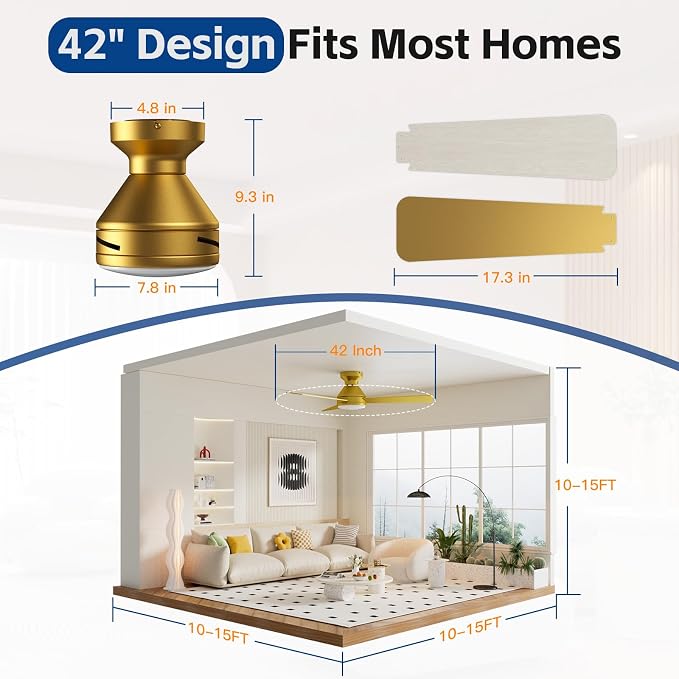 42 Inch Ceiling Fans with Lights And Remote, 3CCT/Flush Mount/6 Speed/Gold | Flush Mount Low Profile Ceiling Fan, 6 Speed Noiseless LED Ceiling Fan, All Gold Ceiling Fan for Bedroom Living Room