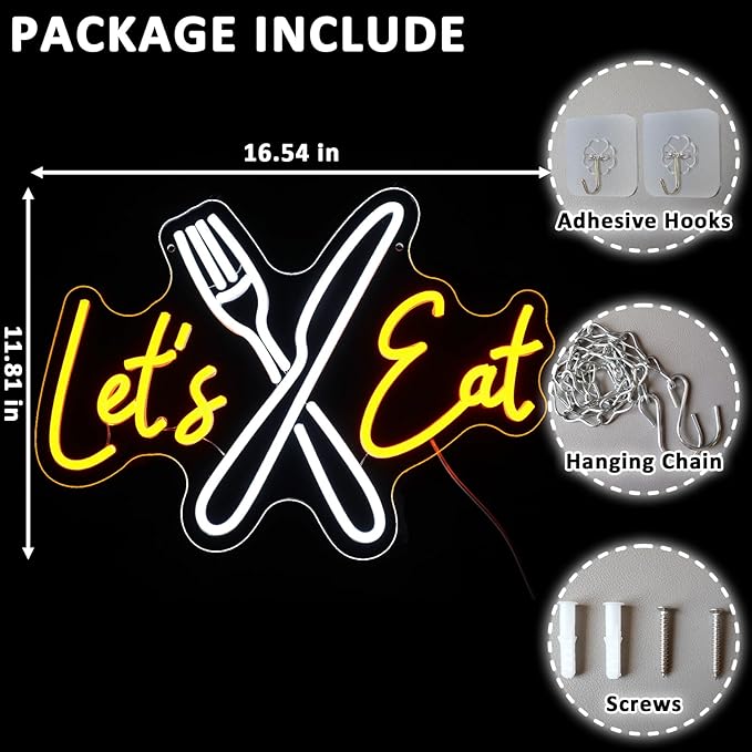 Let's Eat Neon Sign for Wall Decor Dimmable Knife Fork Led Sign for Restautant Lets Eat Neon Light for Kitchen Cafe Food Bar Cooking Dining Room Luncheonette Bistro Party Decoration