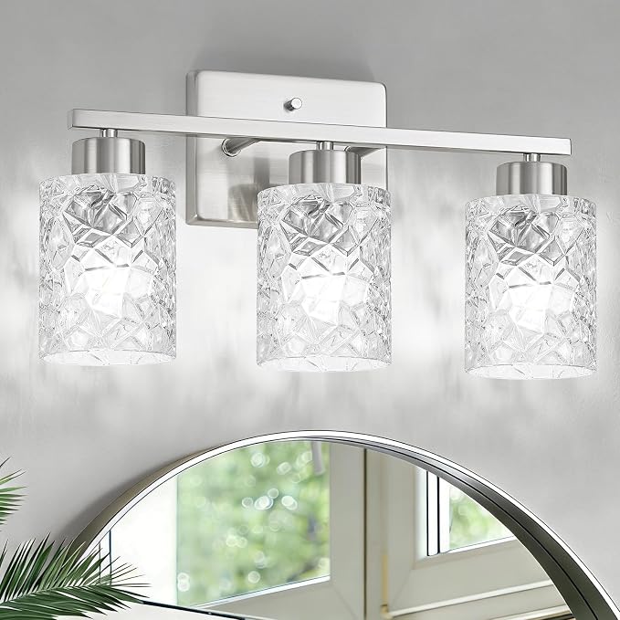 3-Light Bathroom Light Fixtures, Brushed Nickel Vanity Lights Over Mirror | Wall Sconces with Clear Textured Glass Shades for Living Room Bedroom Hallway,E26 Base (Bulbs Not Included)