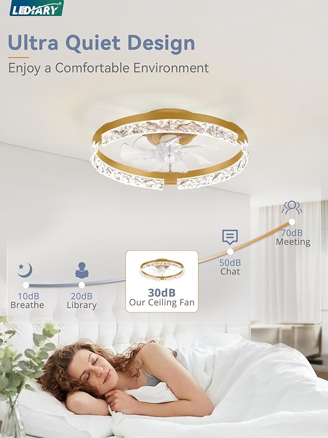 LEDIARY 20 Inch Low Profile Ceiling Fans with Lights and Remote, Fandelier Ceiling Fan Flush Mount, 3000K-6000K Dimmable LED Fan Light, Gold Modern Ceiling Fans with Lights for Bedroom