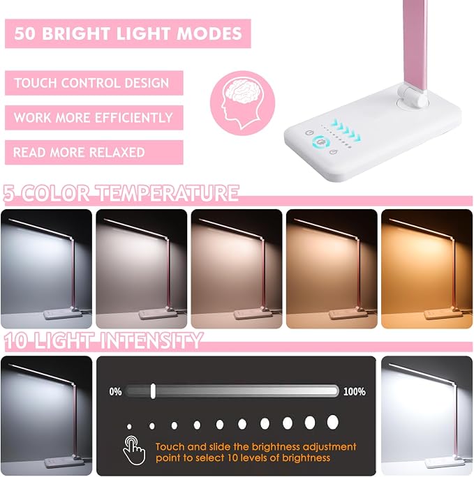 Desk Lamp, LED Desk Light with 10 Brightness Levels, 5 Color Temperatures, USB Power, Foldable Dimmable Table Lamp, Timer & Memory, Touch Control, Eye Caring Lamp for Reading Work Study Nail