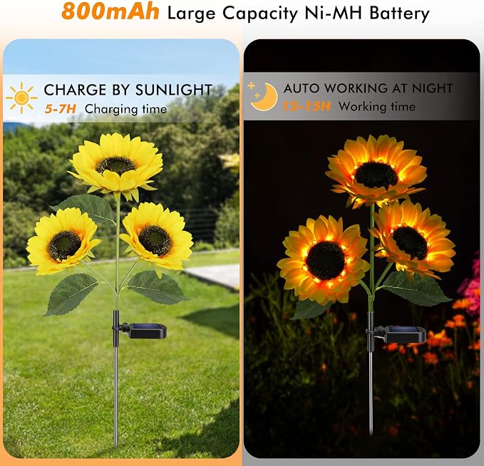Solar Sunflower Lights Flowers Outdoor Waterproof for Yard Garden Cemetery | 800mA Real Looking Stake Flower Bed Pathway Patio Porch Fall Decors