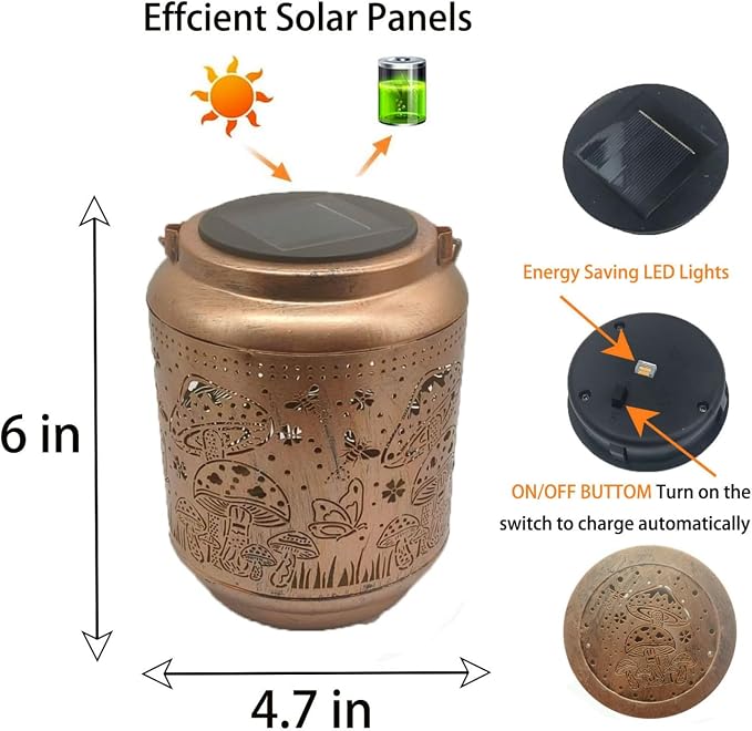 Mushroom Solar Outdoor Waterproof Lantern Garden Decor Birthday Gifts for Women Mon Grandma Metal Hanging Solar Lights Outside LED Lanterns for Yard Patio Lawn Pathway Landscape (Mushroom)