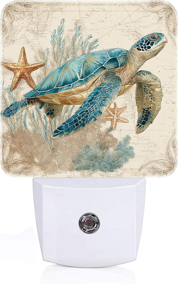 Vintage Ocean Turtle Starfish Night Light,Plug Into Wall with Dusk to Dawn Light Sensors, Warm Nightlights for Bedroom, Bathroom, Hallway, Kitchen, Gifts Ideal for Boys Girls Women Men