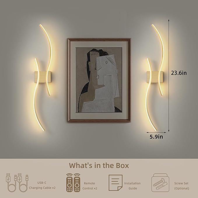 Battery Operated Wall Sconce Set of Two, Dimmable Modern LED Rechargeable Wall Light with Remote Control, Wall Decor for Living Room