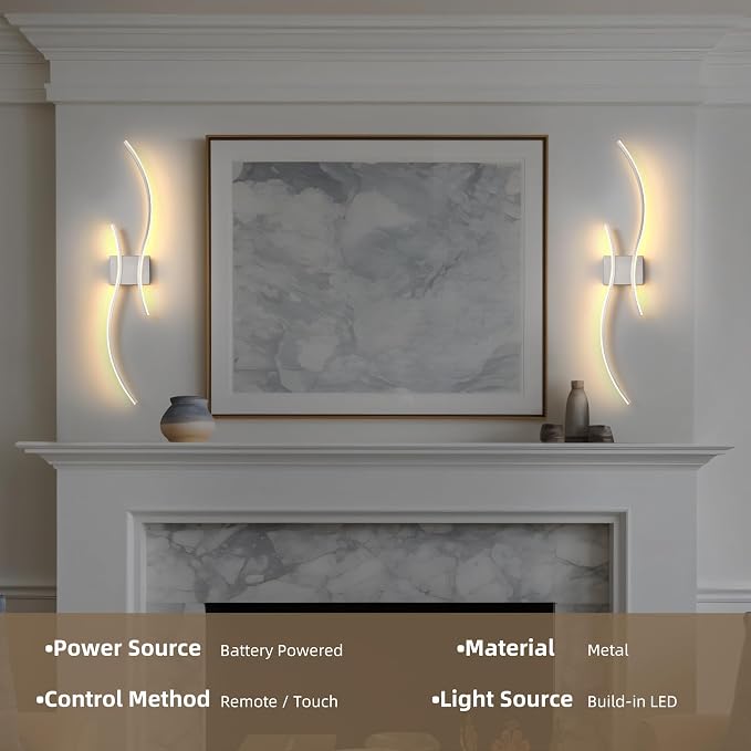Battery Operated Wall Sconce Set of 2, Dimmable Modern LED Rechargeable Wall Light with Remote Control, Wall Decor for Living Room, Hallway, Quick Install, No Electrician Required