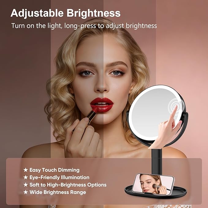 Lighted Makeup Mirror with 10X Magnification, Rechargeable LED Magnifying Vanity Mirror with 3 Lights, Adjustable Height, Storage Base and Phone Holder, Black, 8 inch