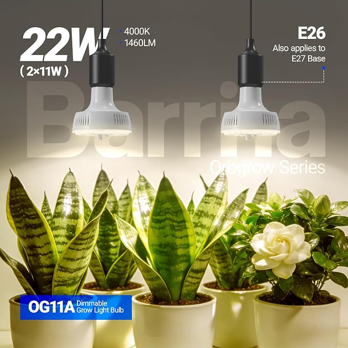 Barrina OG11A Grow Light Bulbs for Indoor Plant, 4000K 11W, 2 Packs, White | Integrated Dimming & Timing, E26 Plant Light Bulb, Full Spectrum, High PPFD for Seeds and Greens