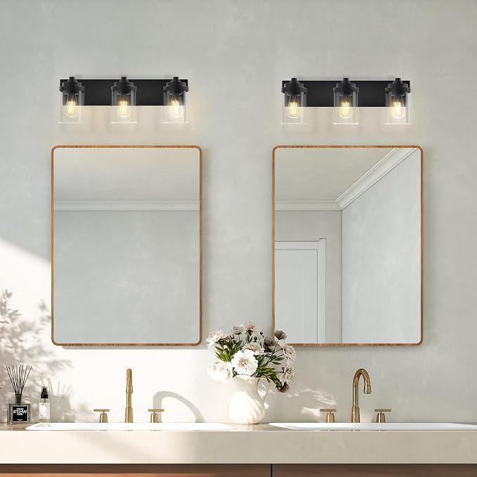 Bathroom Vanity Light, 3-Light Modern Black Vanity Light Fixtures with Clear Glass Shade, 22in Matte Black Bathroom Light Fixtures Over Mirror, Rustic Restroom Lighting Fixtures