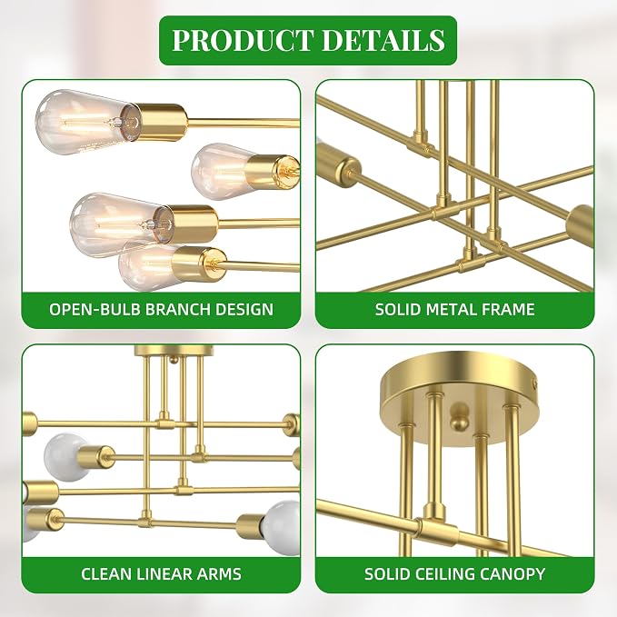 Modern Sputnik Chandelier Ceiling Light Fixtures, 8-Lights Mid Century Industrial Metal Semi Flush Mount for Dining Room, Bedroom, Living Room-Brushed Gold