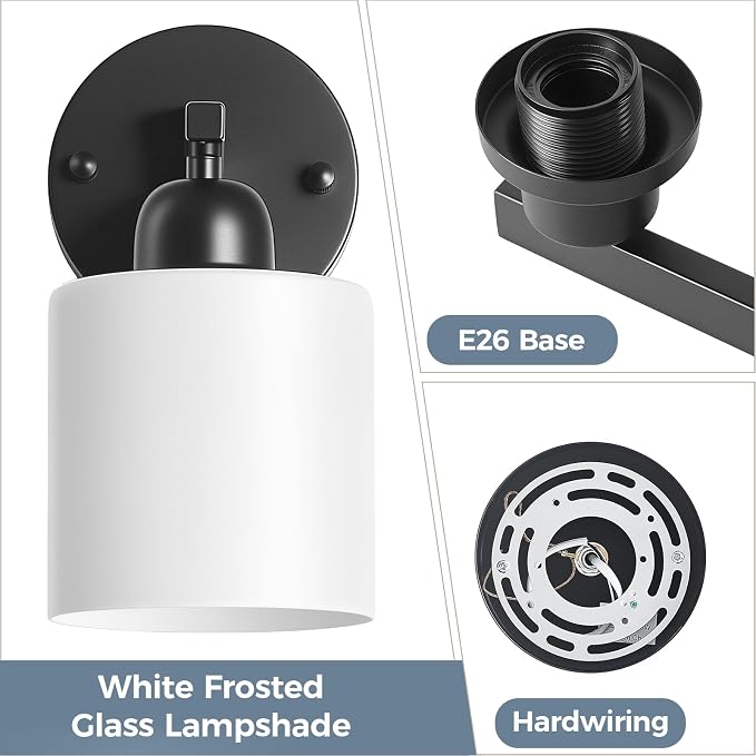 2PCS Light Black Bathroom Light Fixture, Modern Bathroom Lights with Milky White Frosted Glass Shades for Mirror Living Room Bedroom Hallway E26 Base