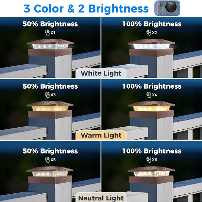 4 Packs 4x4 Brown Solar Post Cap Lights Outdoor with 3 Lighting Mode | Fence Caps Light Fits 4×4/3.5×3.5 Wood/Vinyl Posts, Waterproof Post Top Lighting for Deck Mailbox Porch Railing
