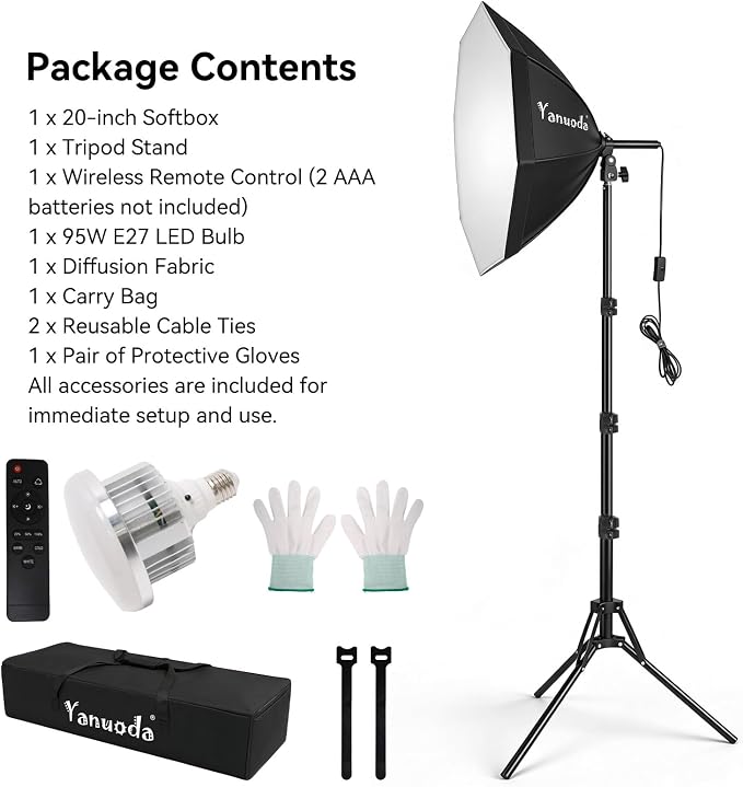 20" Softbox Lighting Kit, Remote & Stand Included | Octagonal Softbox Design, CRI 97+ Color Accuracy, 95W 3000K-7500K Dimmable, Remote & Cable Control, 3-Min Tool-Free Setup