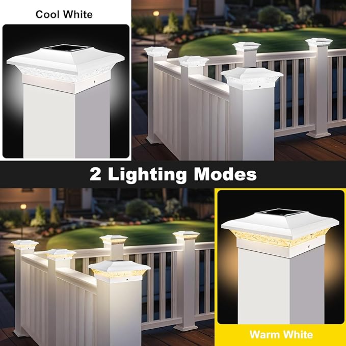 T-SUN 4x4 Post Cap Lights 6 Pack for Vinyl/Wooden Fence,Outdoor Waterproof Warm & Cool White, Deck Solar Post Lights for Patio Garden Yard Lighting