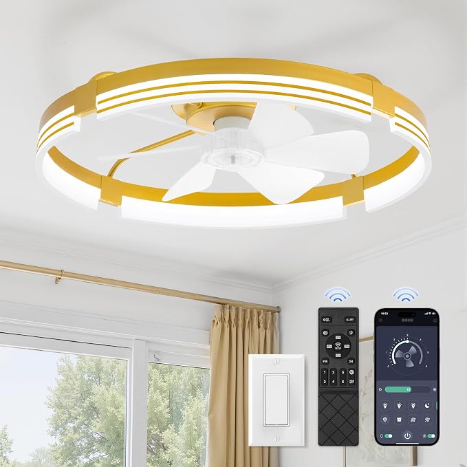 ZMISHIBO Low Profile Ceiling Fans with Lights and Remote, 24" Gold | 3000K-6000K Dimmable Fandelier LED, Flush Mount, 6 Wind Speeds, Reversible, Timer, Bedroom, Living Room, Kitchen, Kids Room