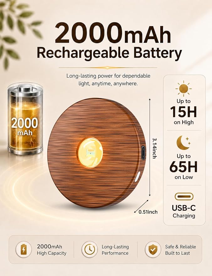 Puck lights with remote, 2000mAh rechargeable cabinet light, Under Cabinet Lighting Wireless, Display Cabinet, Dimmable Magnetic Stick-On Shelf , push lights battery operated，(Wood Color, 3 Pcs)