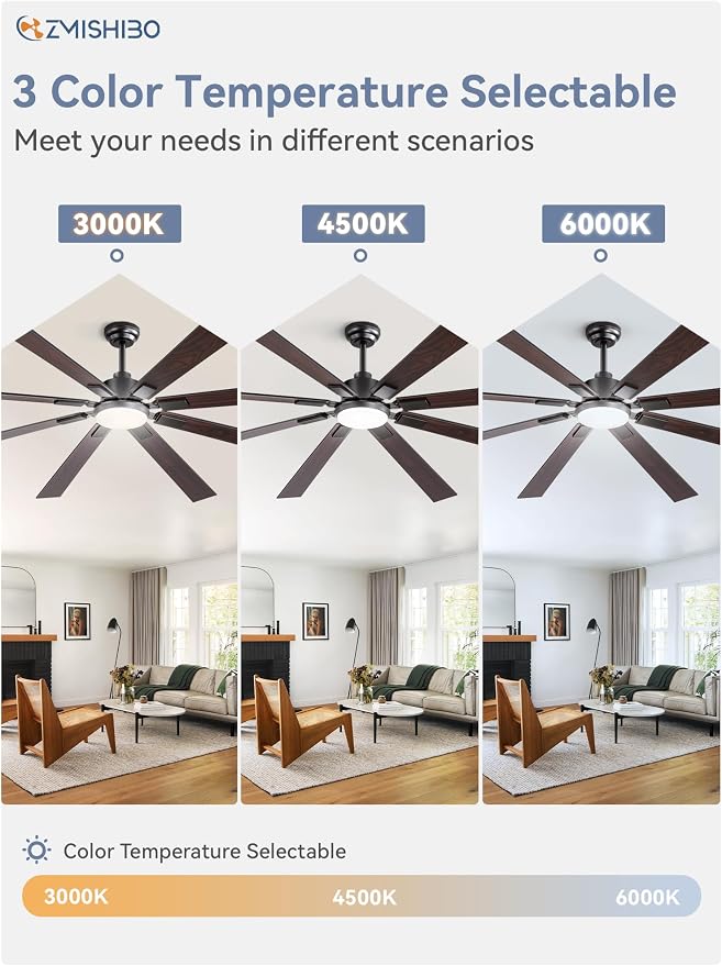 ZMISHIBO 80" Ceiling Fans with Lights for Shop, Garage, Remote | High CFM Powerful Airflow, Quiet DC Motor, 24W 3 CCT LED, Indoor/Covered Outdoor, Dual-Finish, Damp Rated, Black